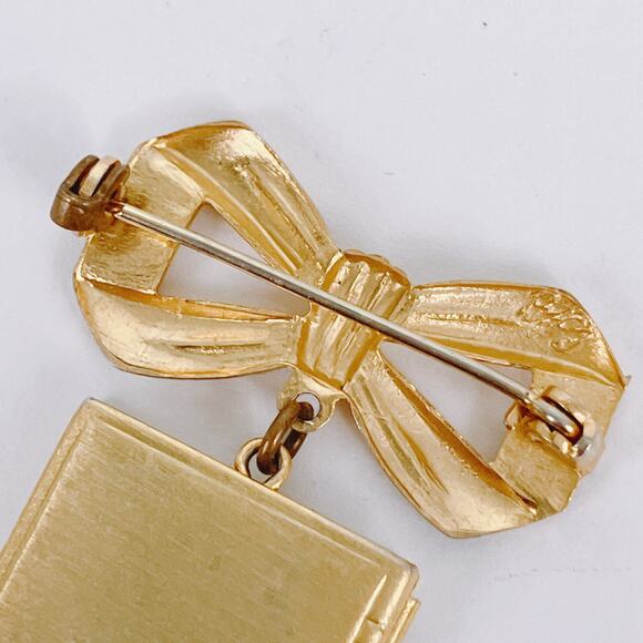 Signed Coro 1940s Gold Tone Bow Book Photo Locket Mid Century Vintage Brooch - Picture 10 of 16